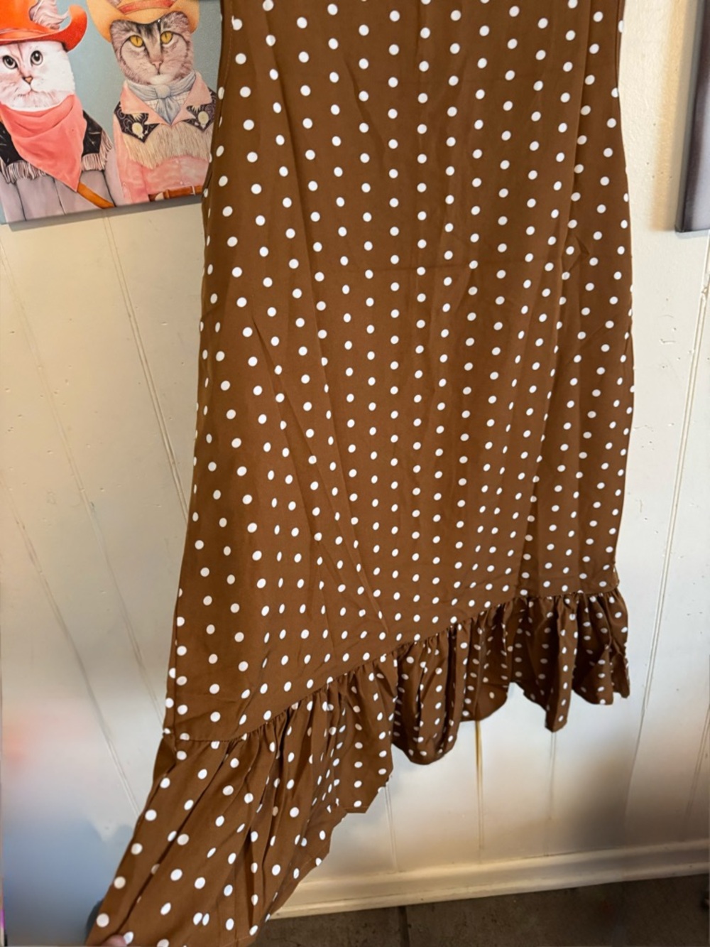 Brown Polka Dot Sleeveless Ruffle Hem Dress - Picture 5 of 6
